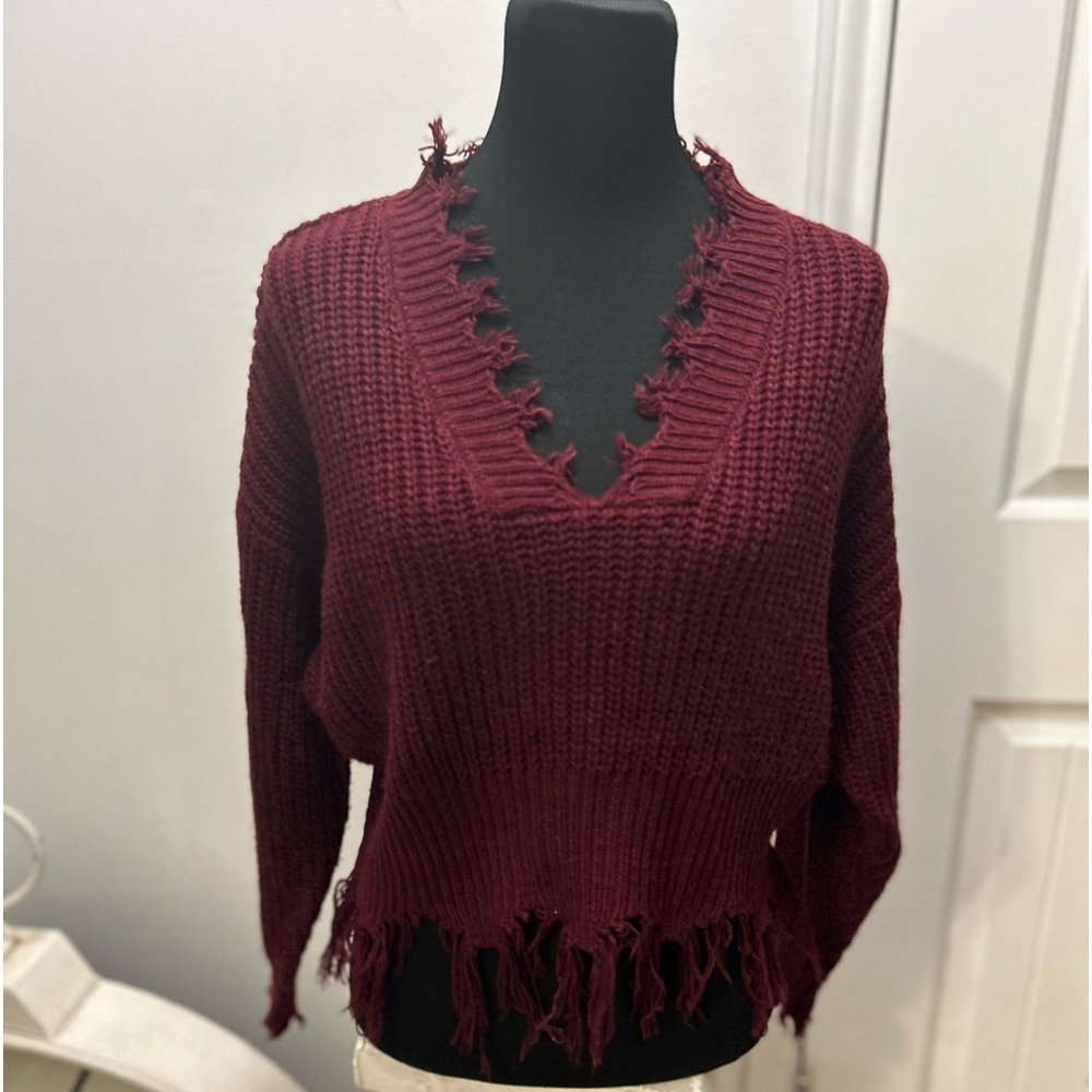 Coco & Jameson red sweater maroon Small raw fringe edge #3